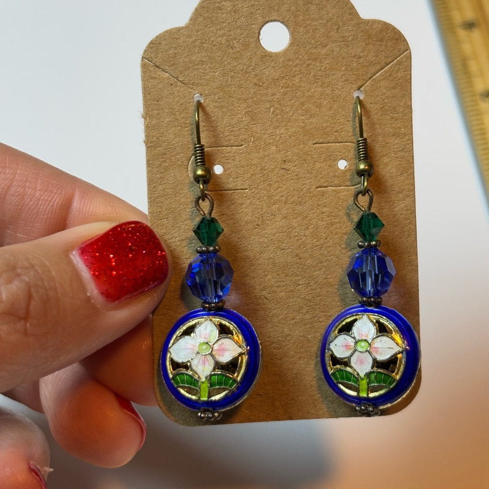 Beautiful Blue and Green Vintage Floral Cloisonné Women Earrings, Beaded Accents